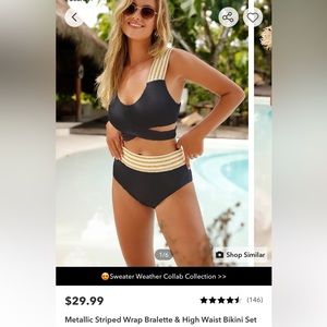 Cupshe Metallic Striped Wrap Bralette and High Waist Bikini Set